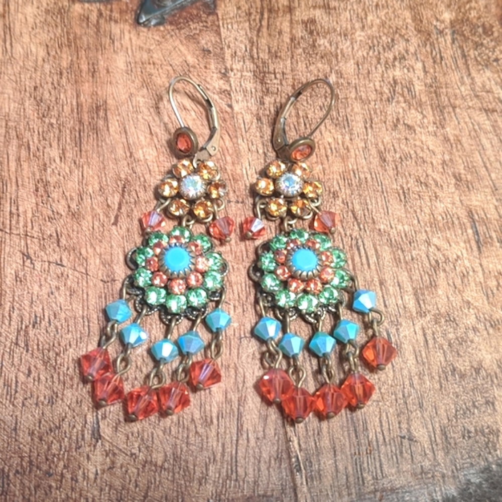 Sparkly crystal dangle earrings coral green blue